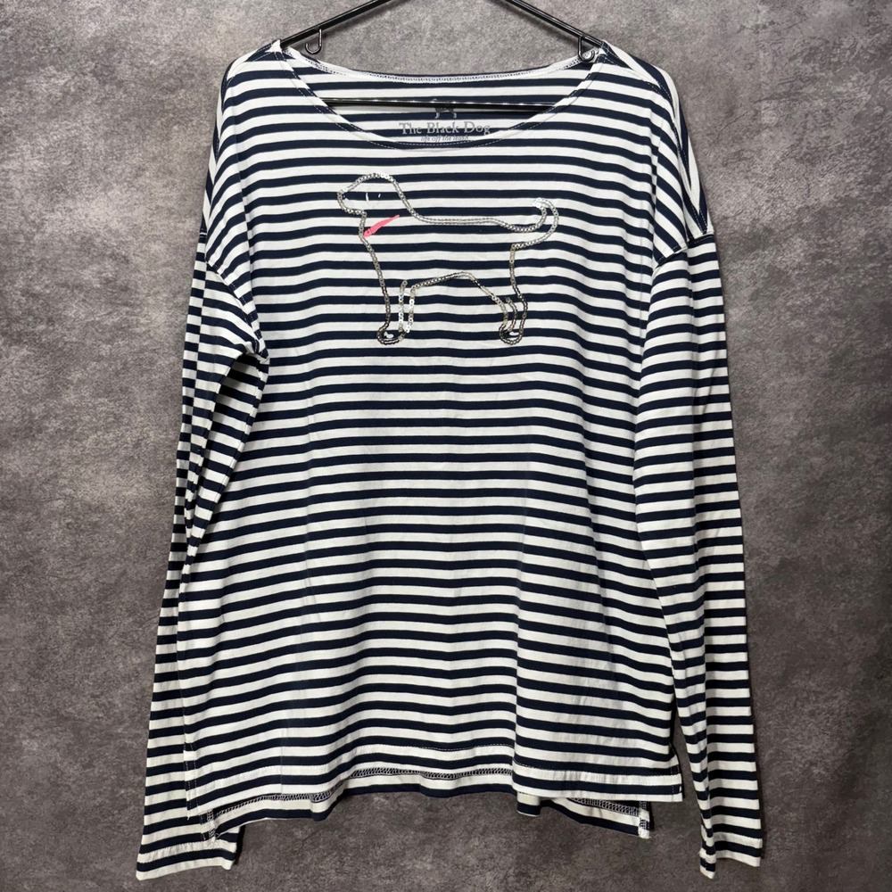 The Black Dog Navy White Striped Top Shirt Womens L Sequin Marthas Vineyard